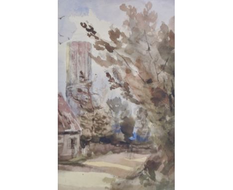 A 19th century English school watercolour sketch, rural village scene with church tower, unsigned within a washline card moun