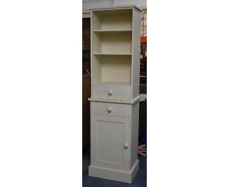 A Modern Cream Painted Kitchen Larder Cupboard with Shelf Top, Two Centre Drawers and Cupboard Base, 52cm Wide 