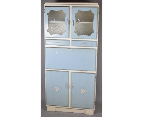 A 1960 Tenax Kitchen Cabinet by Freedlands Ltd Having Glazed Top Section, Two Centre Drawers, Pull Down Front with Enamel Wor