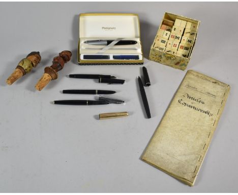 A Collection of Curios to Include Various Pens, Two Carved Black Forest Wine Saver Corks, Box of Unusual Vintage Dominoes, Le