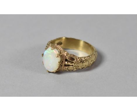 A 9ct Gold Ring Set with Cabochon Cut Synthetic Opal, 1x0.8cm, London Hallmark, Size L 4.8g