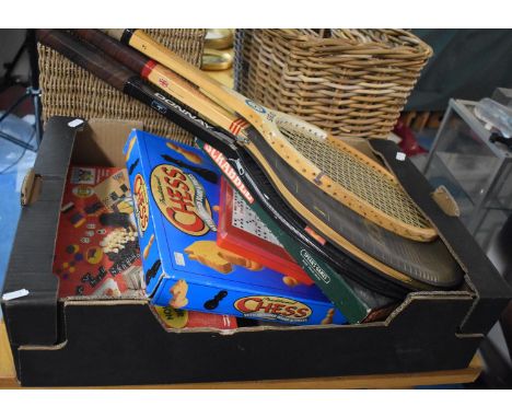 A Collection of Three Vintage Tennis Rackets and Various Games 