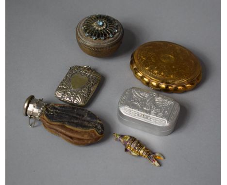 A Collection of Vintage Items to Include Musical Powder Compact, Articulated Fish Pendant, Silver Plated Vesta, Miser's Purse