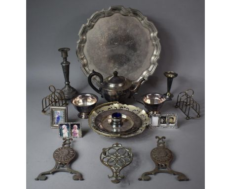 A Collection of Silver Plated Items to Include Three Piece Tea Service, Toast Racks, Pewter Candlestick with Embossed Decorat