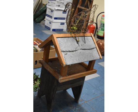 A Slate Roof Bird Table, Vintage Stool and a Wire Bird Frame 