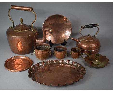 A Collection of Copper Items to Include 19th Century Copper Kettle with Acorn Finial, Smaller Example with Turned Wooden Hand