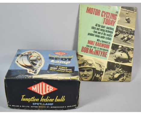A Vintage Miller Tungsten Iodine Bulb Spot Lamp for Car Together with a Vintage Issue of Motorcycling Today 