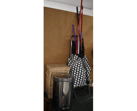 A Stainless Steel Pedal Bin, Wicker Basket, Telescopic Tools etc 