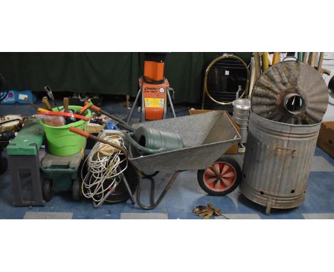 A Collection of Various Garden Tools, Galvanised Bin, Galvanised Wheelbarrow etc 
