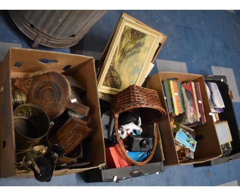 Four Boxes of Sundries to Include Vintage Books, Pictures and Prints, Cast Iron Dog Doorstop, Vintage Polaroid and Other Came