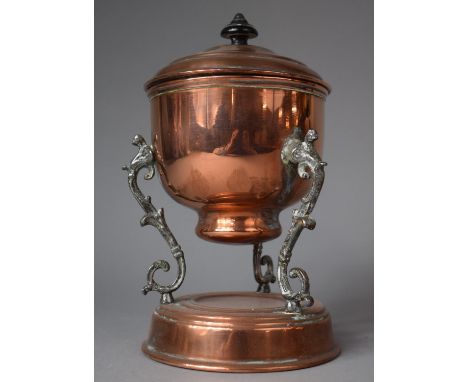 A Copper Lidded Pot on Silver Plated Tripod Scrolled and Pierced Supports, Plinth Base, 21.5cm high 