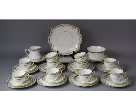An Edwardian Gilt and Floral Pattern Teaset to Include Ten Cups, One Slop Bowl, Milk Jug, Eleven Saucers, Twelve Side Plates,