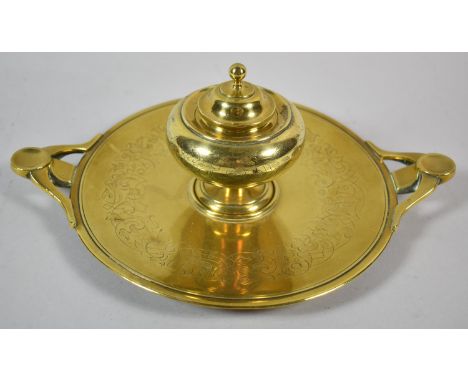 A Brass Circular Lidded Inkwell on Two Handled Tray, Missing Glass Liner, 20cm Diameter 