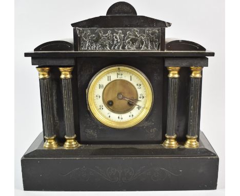 A French Slate Mantel Clock of Architectural Form, 35cm wide 