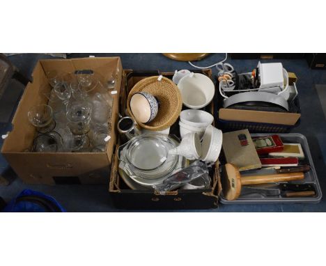Three Boxes of Kitchen China and Glassware, Kitchen Tools and Cutlery 
