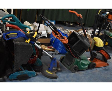 A Collection of Various Electrical Garden Tools, Strimmers, Mowers, Edgers, Lawn Rake, All Untested 
