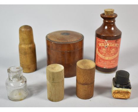 A Collection of Various Vintage Treen and Glass Ink Bottles etc 
