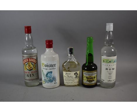 Five Bottles of Spirits to Include Gin, Rum, Genepi, Scotch Apple and Austrian Vodka 