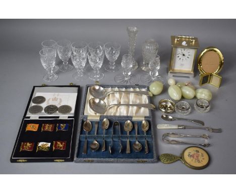 A Collection of Glassware to Include Cut Glass Sherries, Vases, Candle Sticks Together with Onyx Eggs, West German Battery Ma