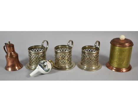 Three Silver Plated Cup Holders, Copper Jug and Tea Caddy Together with Continental Ceramic Pipe Bowl 