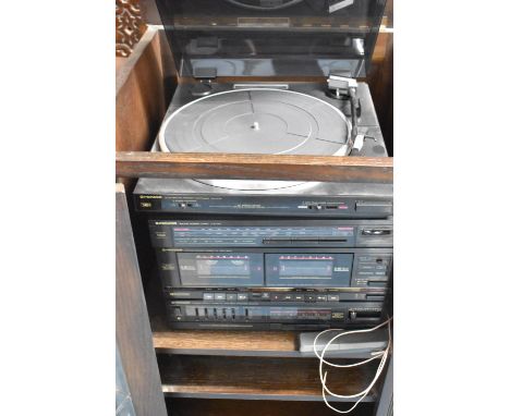 A Mid/Late 20th Century Oak Lead Glazed Music Cabinet Containing Pioneer Record Deck, Tuner, Cassette Player etc 