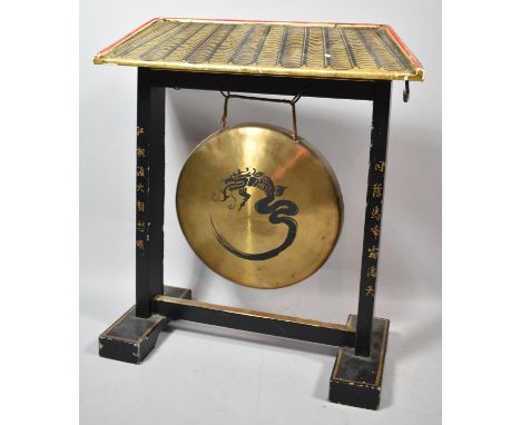 A Mid 20th Century Oriental Table Gong on Laquered Architectural Stand, 35cm Wide 