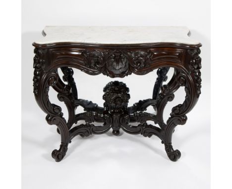 French 19th century French richly carved wooden console in rococo style with white marble top and with mirrorFranse 19e-eeuws