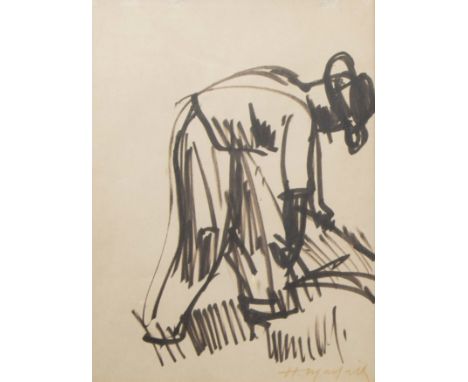 Hubert MALFAIT (1898-1971)Ink drawing The farmer, drawn.Inkt tekening De boer, getekend.32 x 23.5 cm