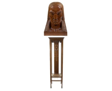 Wooden Art Deco pedestal with marquetry/mother of pearl and a wooden statue of an Indian, signed F. TinelHouten Art Deco piëd