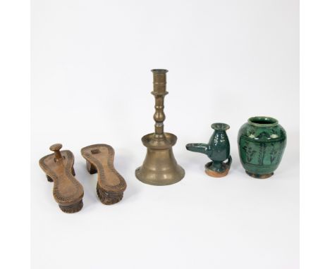 Collection Persian/Ottoman, oil lamp Persia, Ottoman candlestick 16th/17th century, Islamic sandals and Persian pharmacy jar 