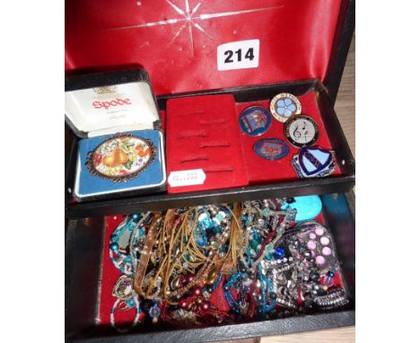 Jewellery box containing vintage costume jewellery, enamel badges, etc.