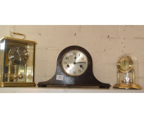 Small oak Napoleon Hat mantle clock, an Anniversary clock and a modern four-glass mantle clock