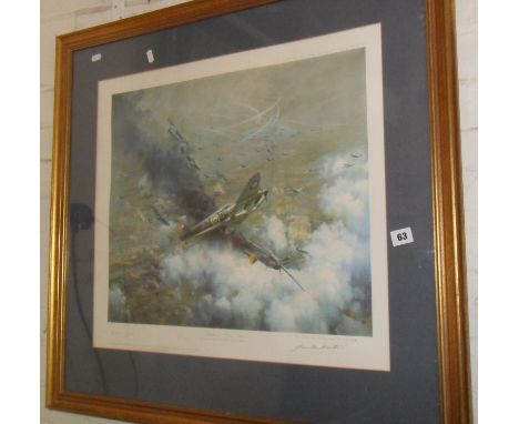 A Frank Wootton colour print of Spitfires in the Battle of Britain, signed in pencil by the artist with signatures of Air Vic