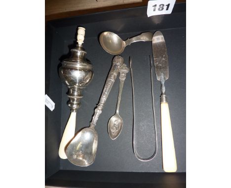 Silver cutlery, Georgian butter spreader, caddy spoon by Elizabeth Morley 1808, baby's silver teether whistle, sugar tongs, f