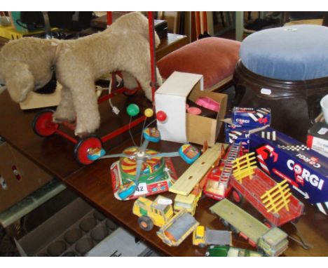 Vintage toys: Tinplate "merry go round" toy, a Deans push-along lamb &amp; assorted diecast  including boxed Corgi vehicles