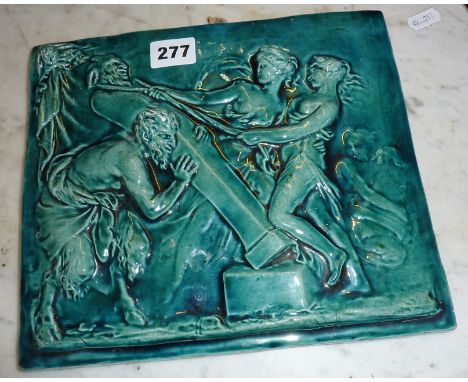 Continental blue glazed ceramic relief panel of a Satyr & Nymphs