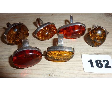 Six vintage Modernist-style .925 silver & amber rings (as new-from old shop stock)