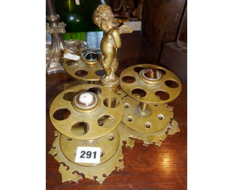 Victorian brass pipe/cigar/pen holder of tri-form circular racks with agate insets to top