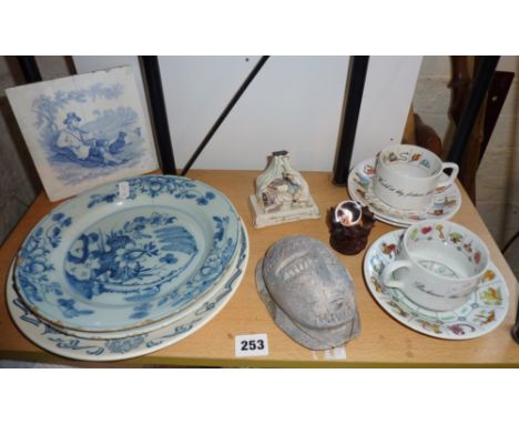 Two Delft plates (A/F), a Minton blue and white tile (A/F), a Fairing, 2 cups and saucers with horoscope decorations, etc.