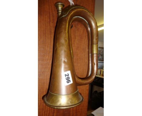 WW2 brass bound copper bugle made by Matthews Ltd and presented to W.E. Butlin? dated 1943