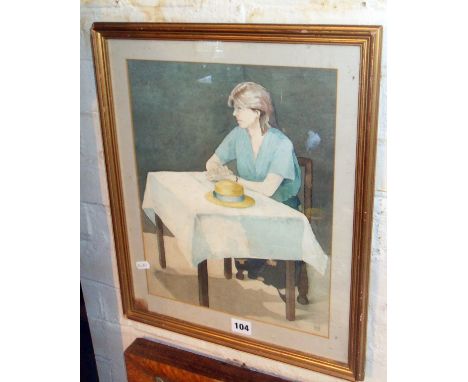 Constance Bull (XX) a watercolour portrait of a woman seated at a table titled verso "Lyn", monogrammed 'CB'