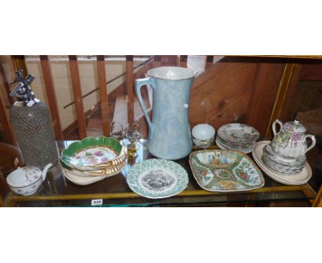 Carlton Ware lustred water jug, Chinese porcelain plate, old soda siphon, Victorian painted bowls, etc (one shelf)