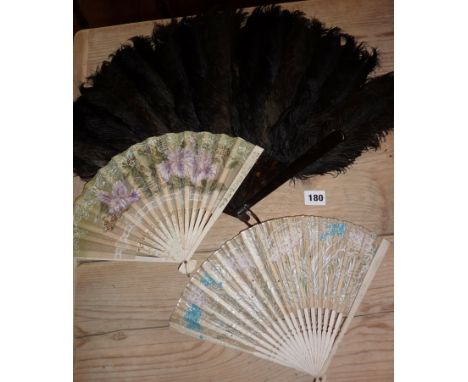 Vintage fans - one large Ostrich feather with faux tortoiseshell lucite handle and struts