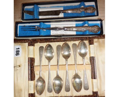 Set of six silver teaspoons in case, together with a silver-handled pickle fork & grapefruit knife