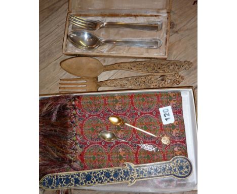Finely carved treen fork & spoon, a Japanese woven scarf in box, a silver-plated two-piece cutlery set, other cutlery, page t