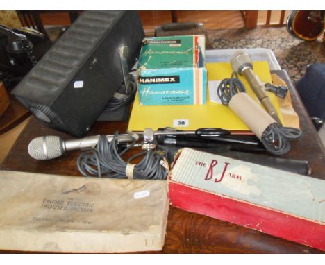 Two microphones, "The BJ arm" bakelite record player arm (boxed) and other items