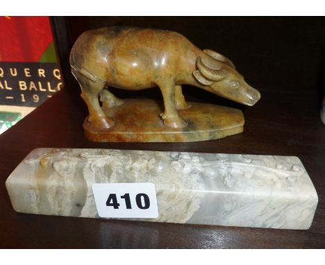 Chinese carved hardstone study of a water buffalo and a hardstone scroll weight decorated with dragons