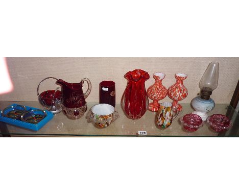 Vintage and older glass (shelf of) inc. a Murano vase