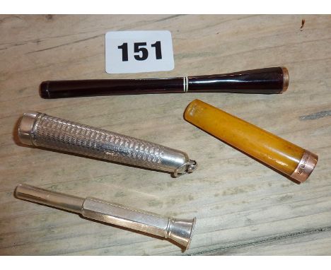 Smoking collectables: Lucite cigarette holder, amber & 9ct gold cheroot holder, and a cigar piercer in engine-turned hallmark