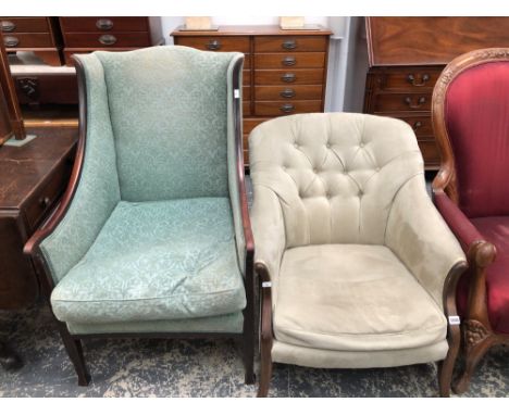 AN EDWARDIAN MAHOGANY WING BACK TYPE ARMCHAIR SHOWING THE FRAME FROM THE FRONT OF THE BACK DOWN TO THE ARMS TOGETHER WITH AN 